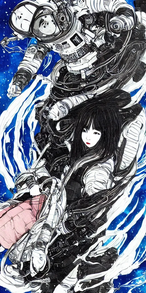 Prompt: beautiful korean woman astronaut floating in space with moon dust, long flowing black hair, drawn in the style of tsutomu nihei and katsuya terada