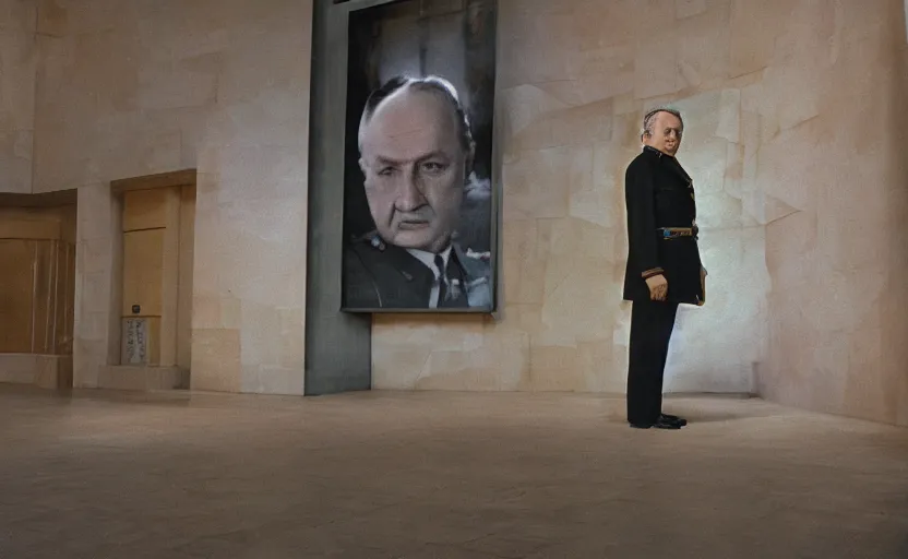 Prompt: 50s movie still close-up portrait of an elder soviet general standing in an empty giant stalinist style museum, by David Bailey, Cinestill 800t 50mm eastmancolor, heavy grainy picture, very detailed, high quality, 4k, HD criterion, precise texture and facial expression