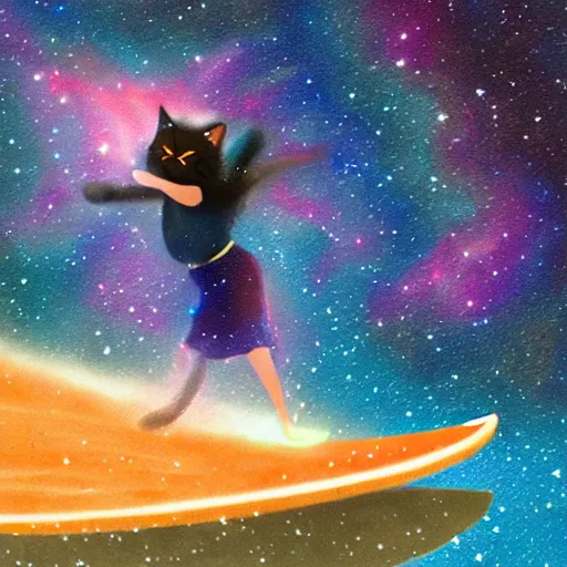 Image similar to A catgirl surfing through the magnificent nebula