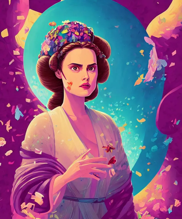 Image similar to delirium portrait of padme amidala, by petros afshar, ross tran, peter mohrbacher, tom whalen, flower petals, bubbly scenery, radiant light