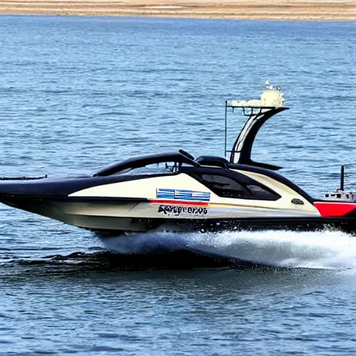 Image similar to speedboat with a M134 Minigun mounted on top of it