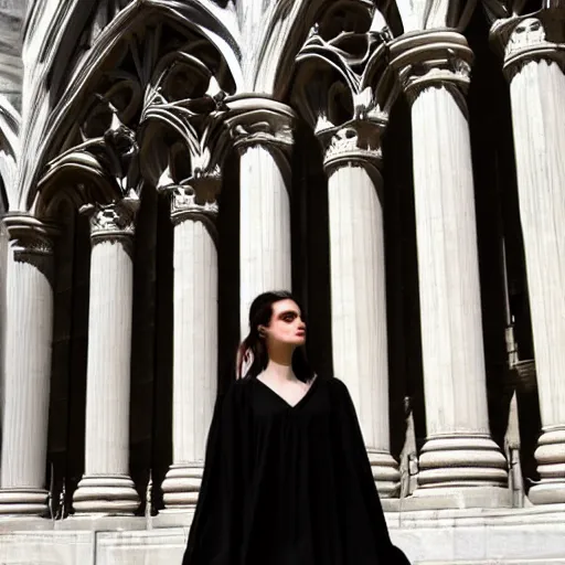 Image similar to architect, white marble gothic cathedral with a alabaster gothic girl dressed in black with perfect face