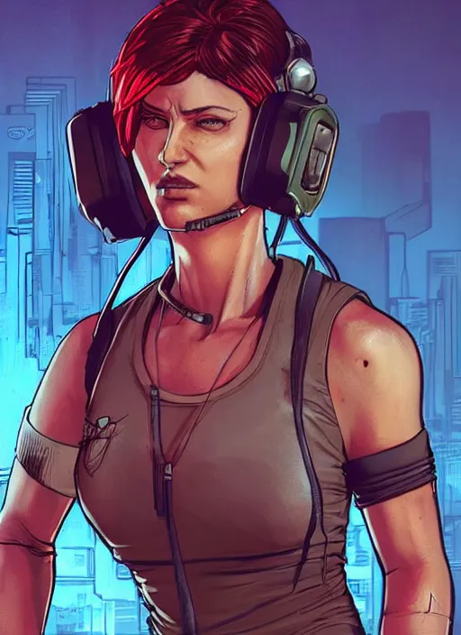 Image similar to Buff Maria. Female cyberpunk meathead wearing a cyberpunk headset. gorgeous face. Realistic Proportions. Concept art by James Gurney and Laurie Greasley. Moody Industrial skyline. ArtstationHQ. Creative character design for cyberpunk 2077.