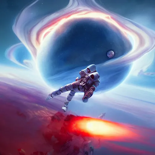 Image similar to burning astronaut falling through the majestic clouds of jupiter, by cedric peyravernay and feng zhu, highly detailed, excellent composition, cinematic concept art, dramatic lighting, trending on artstation