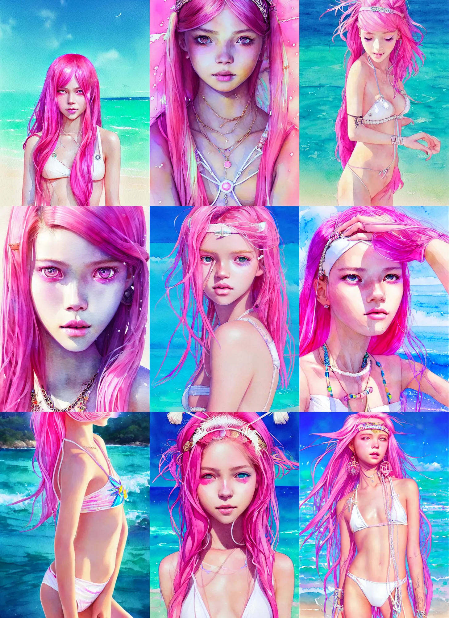 Prompt: portrait of a beautiful girl with pink hair with boho accessories, in white reflective bikini at beach, symmetry face, top lighting, cute - fine - face, ( watercolor ), kristina pimenova, art by hidari and krenz and wenjun lin and starember and kuvshinov ilya and kidmo and rossdraws and artgerm