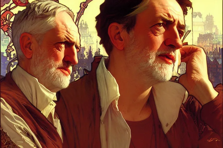 Image similar to jeremy corbyn, nier autoamata, highly detailed painting by ilya kuvshinov, alphonse mucha, gaston bussiere, craig mullins, j. c. leyendecker 8 k