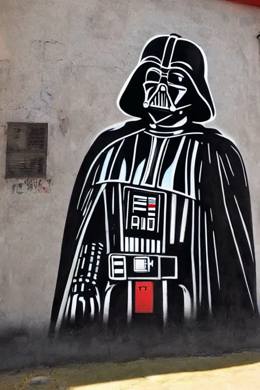 Prompt: darth vader graffiti art on the wall of a cantina on tatooine