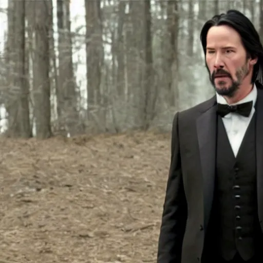 Prompt: A still of Keanu Reeves as President Snow in The Hunger Games (2012), white suit, white hair and beard