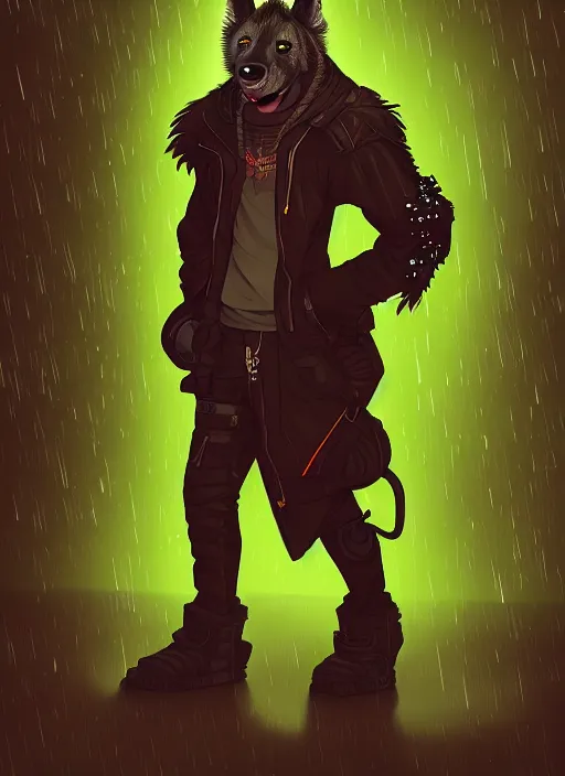 Image similar to character portrait of a male anthro hyena fursona with a tail and a cute beautiful attractive detailed furry face wearing stylish cyberpunk clothes in a cyberpunk city at night while it rains. color page, tankoban, 4K, tone mapping. By Nomax, Kenket, Rukis.