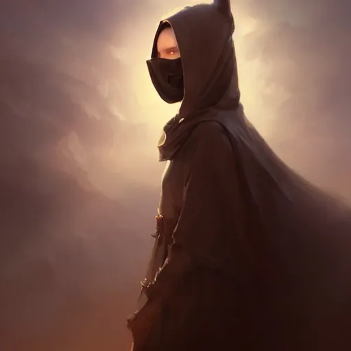 Image similar to epic portrait an hooded woman wearing a mask with closed eyes, broad light, ambient occlusion, volumetric light effect, made by ivan aivazovsky, peter mohrbacher, greg rutkowski, matte painting, trending on artstation, 4 k, perfectly defined features, digital painting,