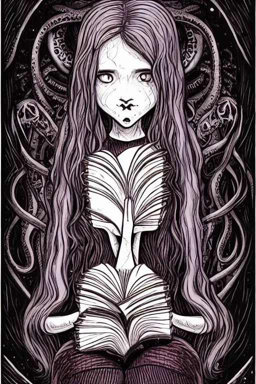 Image similar to ai illustration of romantic girl, her cat and her book of necronomicon, symmetrical, cinematic, sharp focus, 4 k, ultra hd, sense of awe, sinister demonic atmosphere, dreadful, forbidden knowledge, old gods, cthulhu, yog - sothoth! yah, yah, yah! cultist journal cover