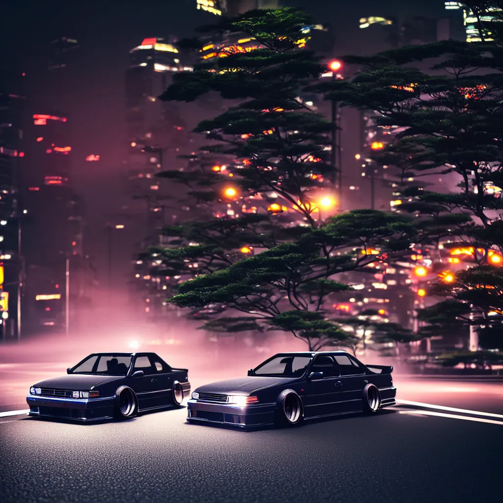 Image similar to a car JZX100 twin turbo drift in the road, Tokyo prefecture, Japanese architecture, city sunset mist lights, cinematic lighting, photorealistic, detailed alloy wheels, highly detailed, studio photo