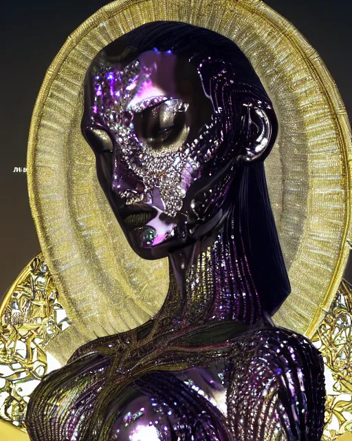 Image similar to a highly detailed metahuman 4 k close up render of an alien goddess bella hadid monument saint in iris van herpen dress schiaparelli in diamonds crystals swarovski and jewelry iridescent in style of alphonse mucha gustav klimt trending on artstation made in unreal engine 4