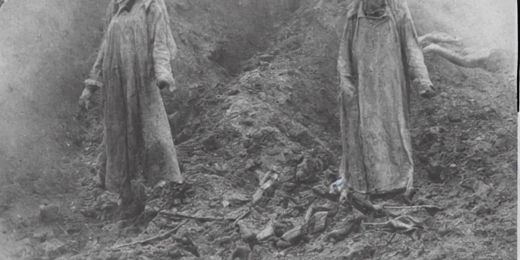 Image similar to scary unproportionable tall ghost creature in the middle of a trench, ghost, 1900s picture