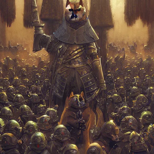 Image similar to anthropomorphic shiba inu is, army of knights wearing armor, anthropomorphic shiba inu medieval banquet, stuning fantasy 3 d render, masterpiece, glowing aura, by donato giancola and greg rutkowski and wayne barlow and zdzisław beksinski, realistic face