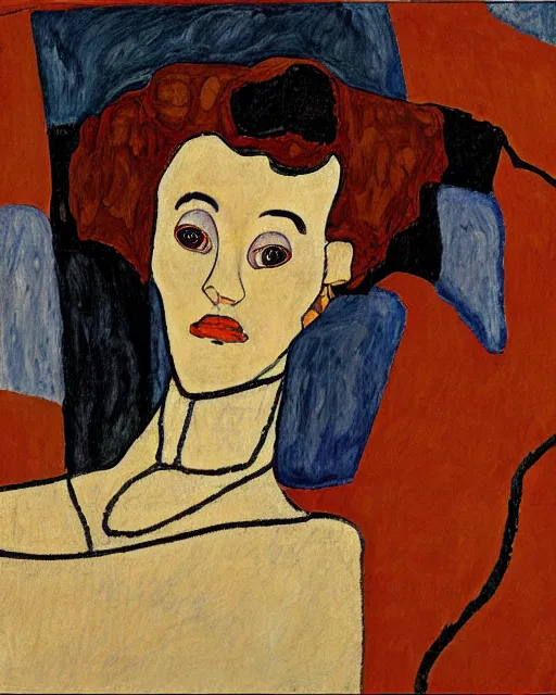 Image similar to portrait of young female robot on the sofa, in the style of Egon Schiele