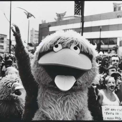 Image similar to a 35mm photo of Big Bird inciting a riot