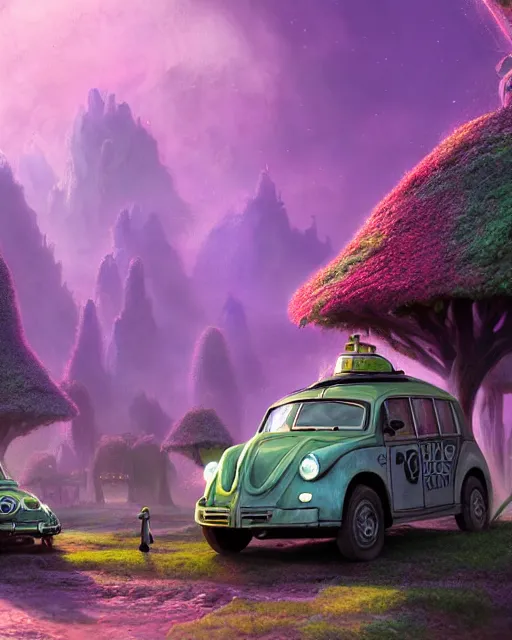 Image similar to tardigrade taxi car in a fantasy tatdigrade village, calming, uplifting mood, ultra realistic, farm, small buildings, highly detailed, atmosphere, violet planet in the sky, masterpiece, epic lighting, elves, green plants, magic, illuminated, 4 k, cinematic, morning sun, art by eddie mendoza