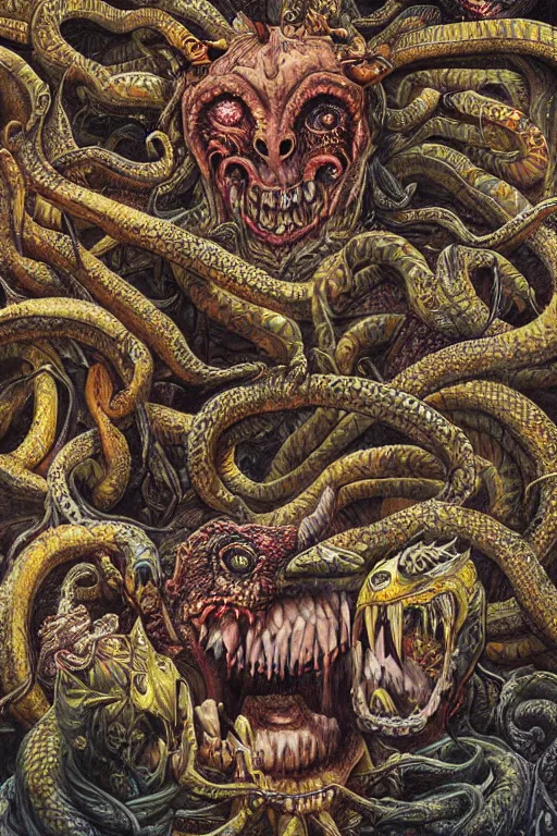 Image similar to hyper - detailed high painting of giant heads joined by snakes, the heads are open they have spiked scales and sharp teeth, the mouth is open and monstrous beings of all kinds run and scream, horror surreal art cosmic horror weird bizarre art psycho visions