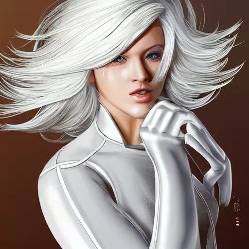 Image similar to beautiful white haired woman dressed in see through space suit in the style of zezhou chen highly detailed, smooth, sharp focus