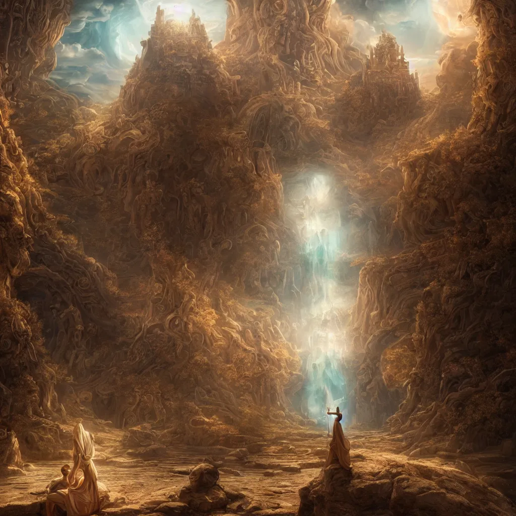 Image similar to Gods time machine, fantasy, intricate, elegant, highly detailed, digital painting, concept art, smooth, sharp focus, illustration, divine realm of gods, realistic cinematic style, filmed in 70mm, volumetric lighting, octane render, photographic, concept art, artist Leonardo DaVinci, unreal engine, 8k