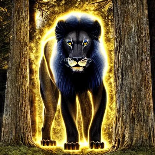 Image similar to epic photography of black lion with gold lightnings in the fur surrounded by ancient trees, colossal scale, photorealistic, high details, intricate by Evgeniy Antonenkov