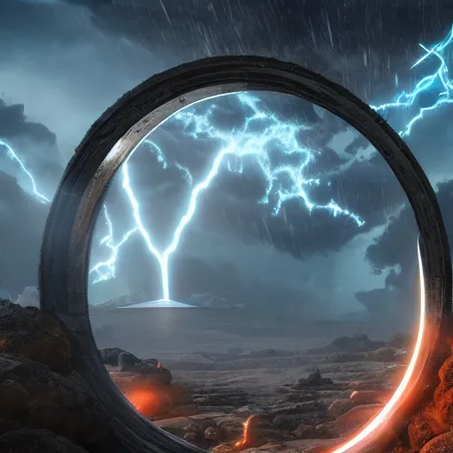 Image similar to comic book scene of an epic portal being exited by a god, cinematic, realistic, beautiful scenery, matte painting, highly detailed, octane render