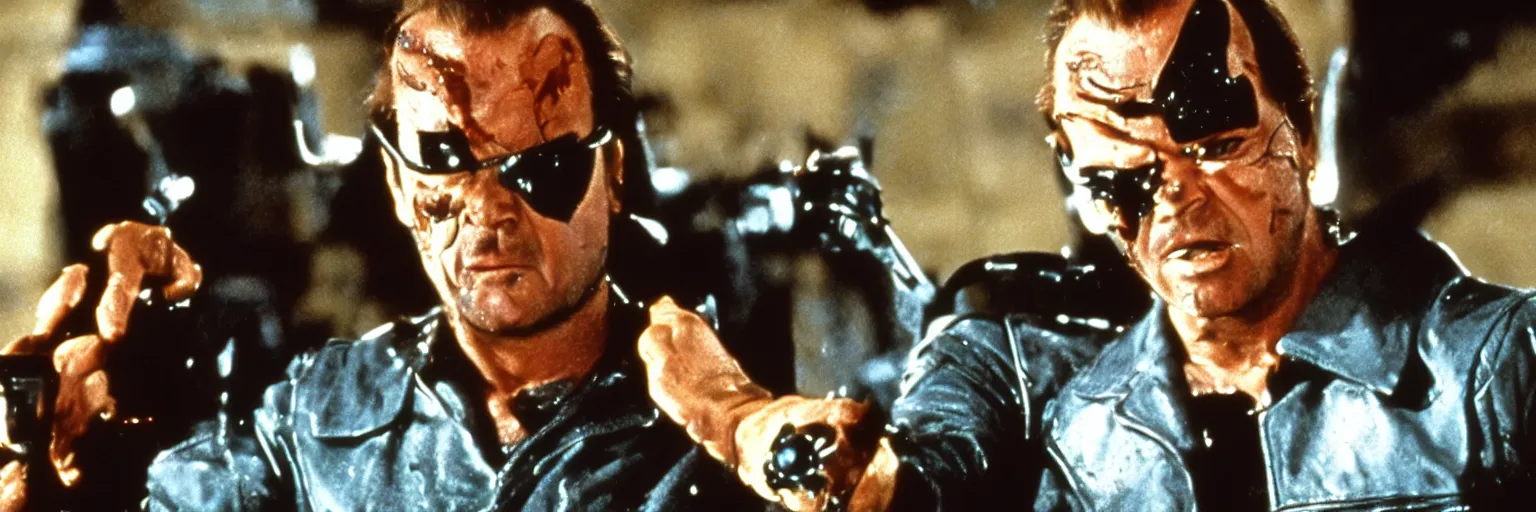 Image similar to Jack Nicholson plays Terminator, epic action scene where his endoskeleton gets exposed, still from the film, cinematic, 80s