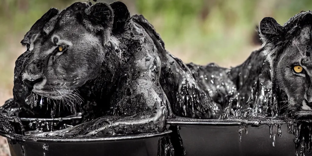 Image similar to a black lioness made of ferrofluid bathing inside the bathtub full of tar, covered with tar. dslr, photography, realism, animal photography, color