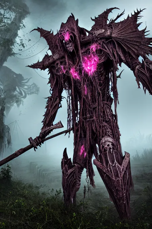 Image similar to post - gothic giant banshee, exoskeleton armor, attacking with axe, dystopian ruins covered in vegetation, highly detailed smooth digital art masterpiece, vitaly bulgarov giger dramatic dark pink light, ground angle hd 8 k, sharp focus