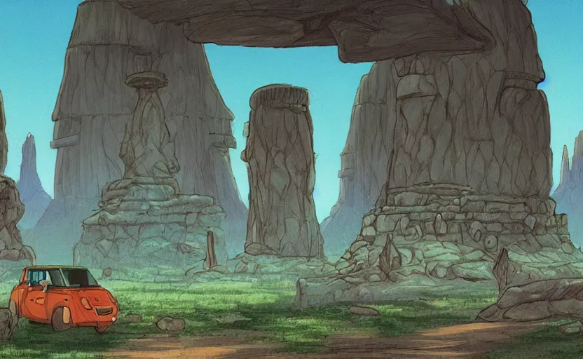 Image similar to a cell - shaded studio ghibli concept art from paprika ( 2 0 0 6 ) of a multi - colored spaceship from close encounters of the third kind ( 1 9 7 7 ) in a lush temple that looks like monument valley stonehenge jungle. a caravan is in the foreground. very dull colors, portal, hd, 4 k, hq