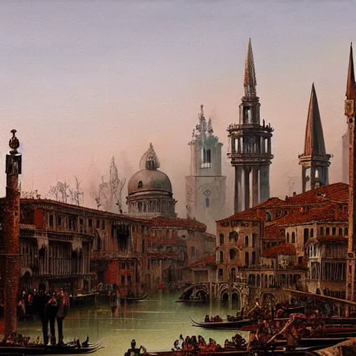 Image similar to beautiful painting of dieselpunk venice with decaying religious monuments alongside mechanical venetian automas in the style of Caspar David Friedrich