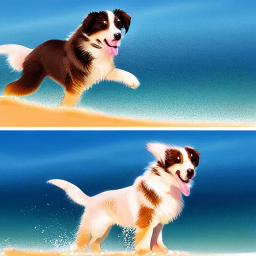 Prompt: Australian Shepherd puppy surfing in Hawaii, Digital Art, artstation