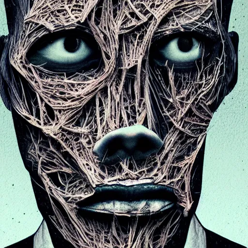 Image similar to face shredded like paper as skin peeling, dark, surreal, illustration, realistic horror