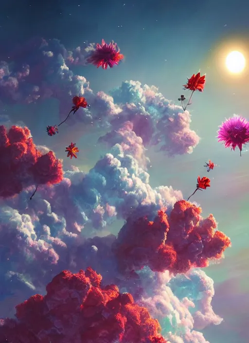 Image similar to An epic fantastic realism comic book style painting of the most beautiful flowers launched into space, bouquets, solar eclipse, fisheye, unreal 5, DAZ, hyperrealistic, octane render, dynamic lighting