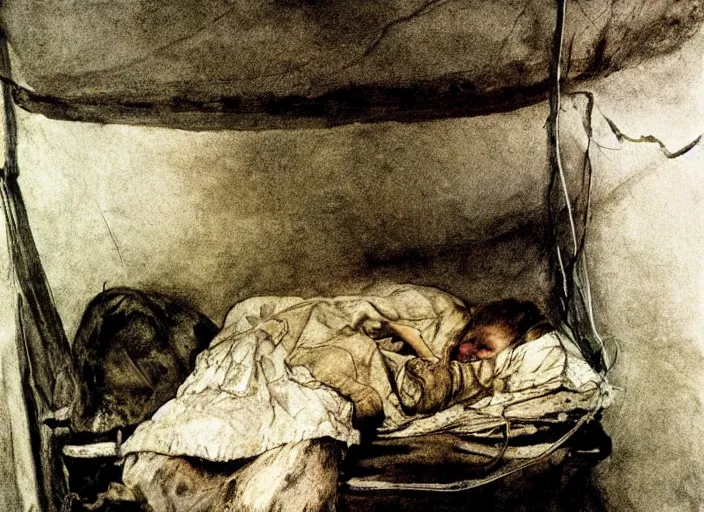 Image similar to poor child in a coma in a dirty makeshift hospital, painting by andrew wyeth and alan lee, very detailed, somber mood,