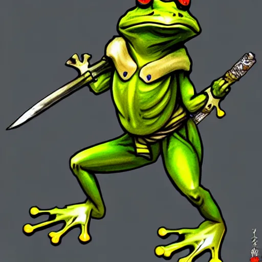 Prompt: a frog warrior, japanese rpg character art