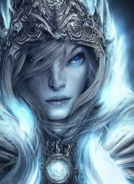 Image similar to close up portrait of sylvanas windrunner, pale blue backlight, powerful, domineering, stoic, masterful, intense, ultrafine hyperdetailed illustration by kim jung gi, irakli nadar, intricate linework, sharp focus, octopath traveler, yoji shinkawa, highly rendered, detailed, concept art