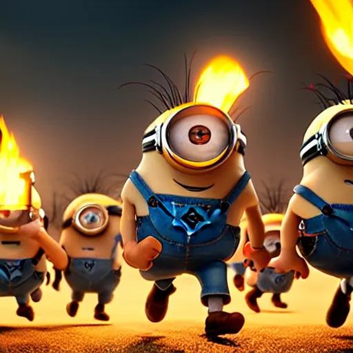 Prompt: POV of a dozen minions chasing you angrily. The minions are carrying torches and pitchforks. The minions are angry. concept art, sharp lighting, 4k, detailed, Peter Jackson, Ridley Scott, bright colors