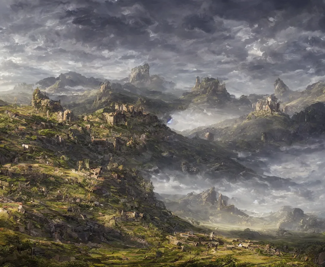 Image similar to Vast verdant empty flat valley surrounded by Transylvanian mountains. A huge zeppelin in the sky among colorful clouds. A ruined medieval castle on the hillside in the background. No villages or buildings. Late warm evening light in the summer, gloomy weather. Hyperrealistic, high quality, fantasy art by Greg Rutkowski.