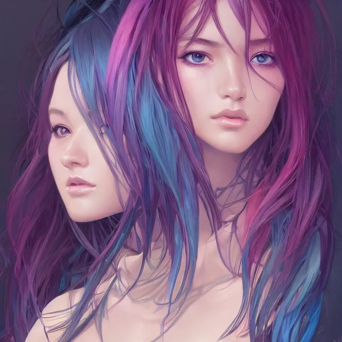 Image similar to portrait of beautiful symmetrical anime girl, rainbow hair, attractive, casual, modern, victoria's secret, highly detailed, digital painting, artstation, concept art, smooth, sharp focus, illustration, art by artgerm, greg rutkowski and alphonse mucha, 8 k,