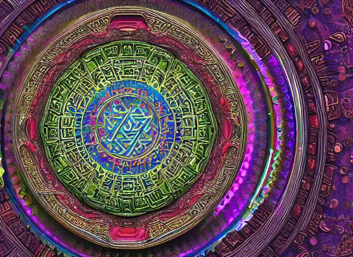 Image similar to hyperrealism, detailed textures, photorealistic 3 d render, a coloured beautiful mystical tibetan kalachakra crystal mandala with sanskrit writing, sharp focus, ultra realistic, ultra high pixel detail, cinematic, intricate, cinematic light, concept art, illustration, art station, unreal engine 8 k