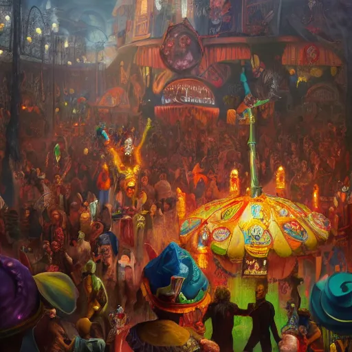 Image similar to A freakshow carnival, hyperrealistic oil painting, super detailed, colorized, 4k, trending on Artstation, D&D, fantasy, raytracing, award winning, art by James C Christensen and Michael Hutter, spectacular lighting, octane rendered