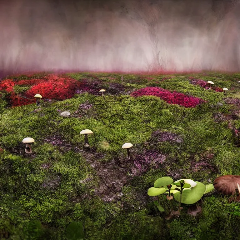 Image similar to a planet of various fungus, mushrooms, flowers and plants, inside the picture is infinity, Atmospheric, artistic photography, conceptual, long exposure outside the city, volumetric light