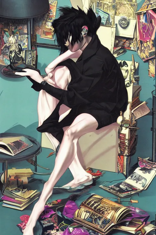 Image similar to goth guy sitting on the floor of a cluttered 9 0 s bedroom reading a book by rolf armstrong, vaporwave colors, lo - fi, concept art, smooth, detailed, toon shading, cel shading, animation, 4 k, hd,