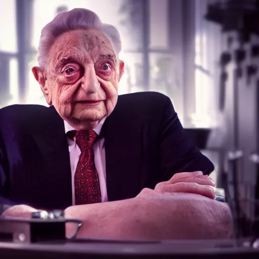 Image similar to Portrait of George Soros looking evil, splash art, movie still, cinematic lighting, dramatic, octane render, long lens, shallow depth of field, bokeh, anamorphic lens flare, 8k, hyper detailed, 35mm film grain