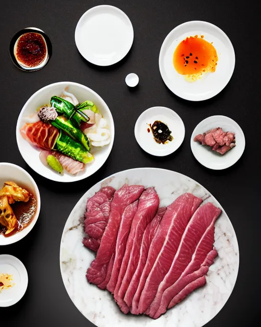 Prompt: realistic photo of delicious yakiniku, bowl, white kitchen table, cloth, marble, highly detailed, by louise lister, sara ali, mary devinat, kailee mandel, masterpiece, award winning, food photography