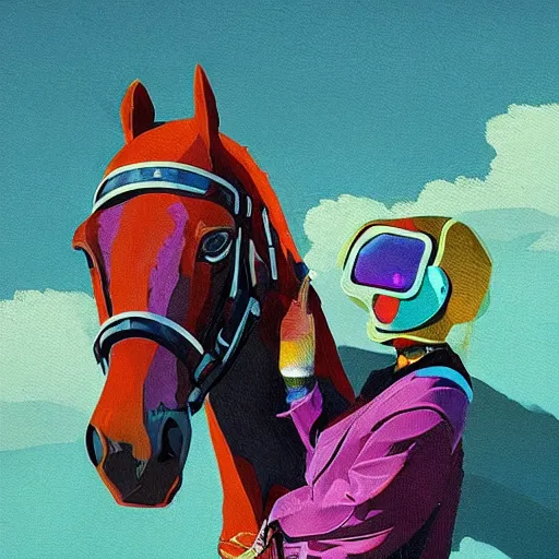 Image similar to a graph style gauche impasto, the horse is not mine, steampunk art by james gilleard, cgsociety, retrofuturism, synthwave, retrowave, outrun, hyper realistic.