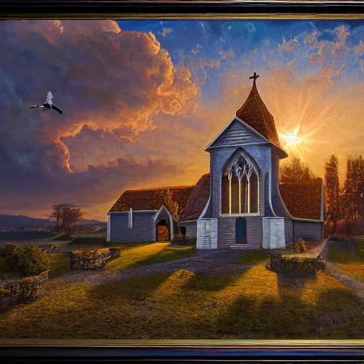 Prompt: a church with wings, flapping its wings flying in sunset sky, oil on canvas, portrait, intricate, 8k highly professionally detailed, HDR, CGsociety