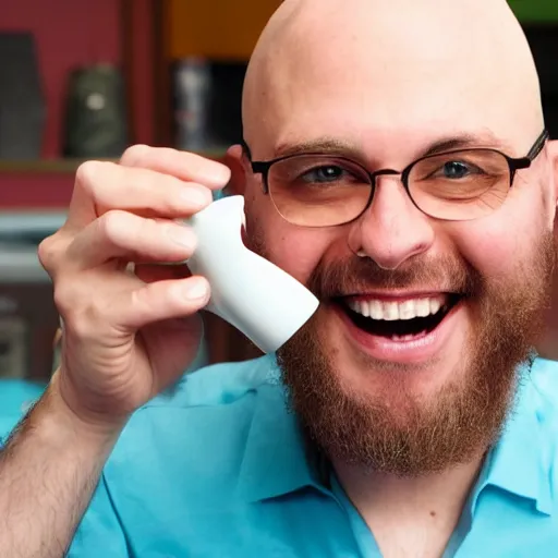 Prompt: a bald scientist drinking out of a comically small cup